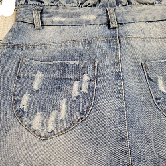Hayden Denim Jean Skirt NEW Paperbag Ruffle Waist Sz M Distressed Pockets Light - Picture 8 of 12